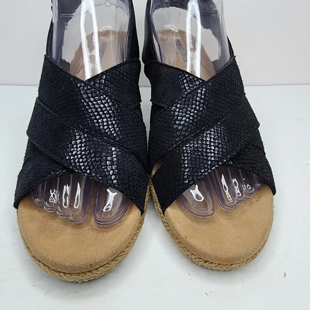 Clarks Lafley Krissy Leather Wedge Espadrille‎ Sandals Black Sz 8.5 Adjust Strap